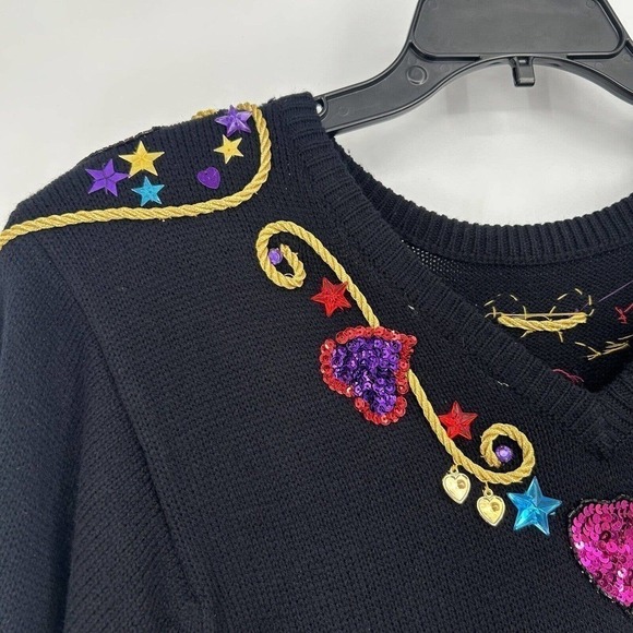 Vintage 80s Plain Jane Black Sweater Dress Embellished Sequins Midi Length M - Picture 10 of 12